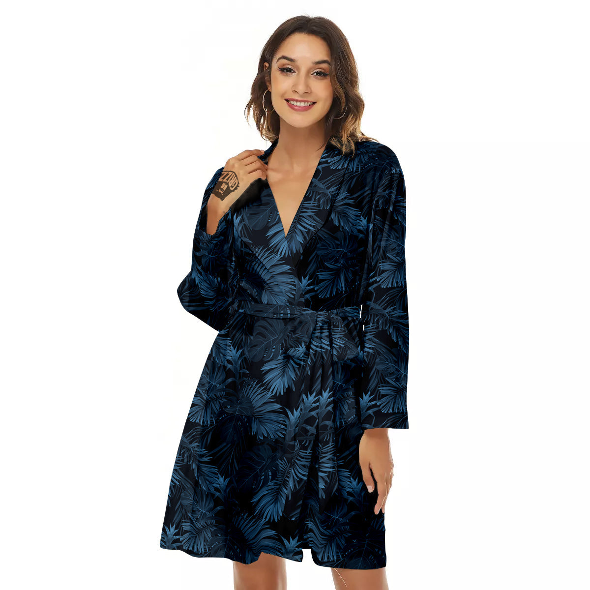Tropical Leaf Dark Blue Print Pattern Women's Robe-grizzshop