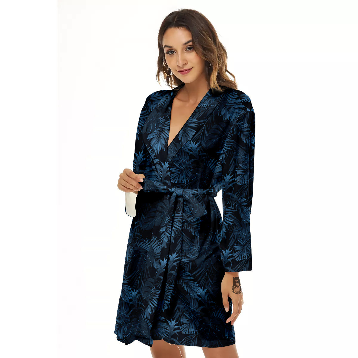 Tropical Leaf Dark Blue Print Pattern Women's Robe-grizzshop