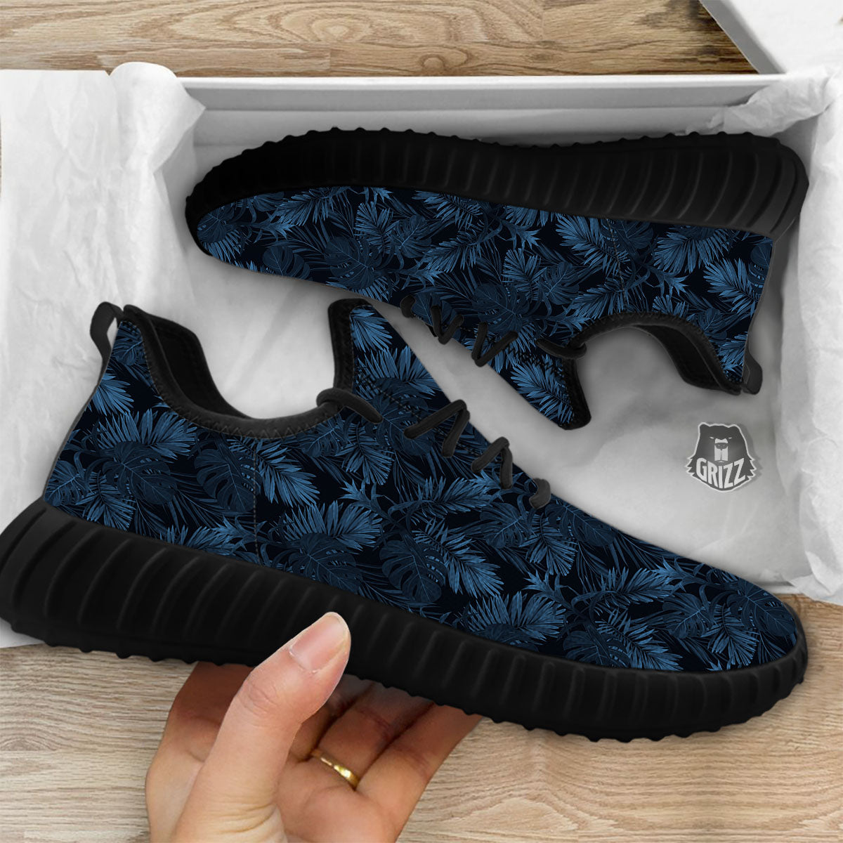 Tropical Leaf Dark Print Pattern Black Walking Shoes-grizzshop