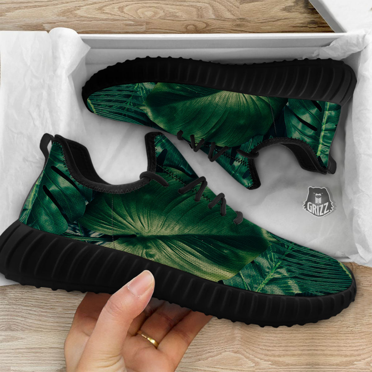 Tropical Leaf Natural Print Black Walking Shoes-grizzshop