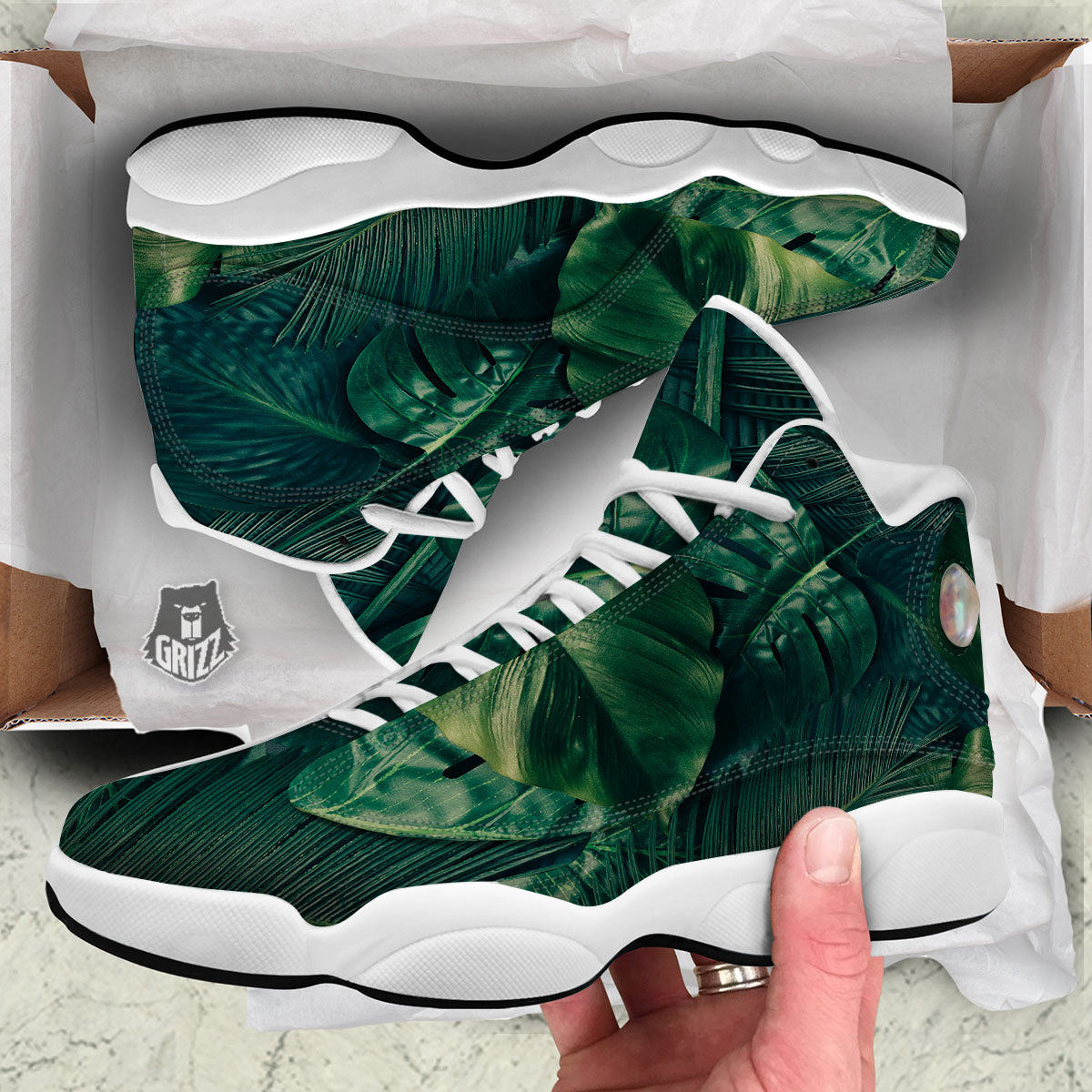 Tropical Leaf Natural Print White Basketball Shoes-grizzshop