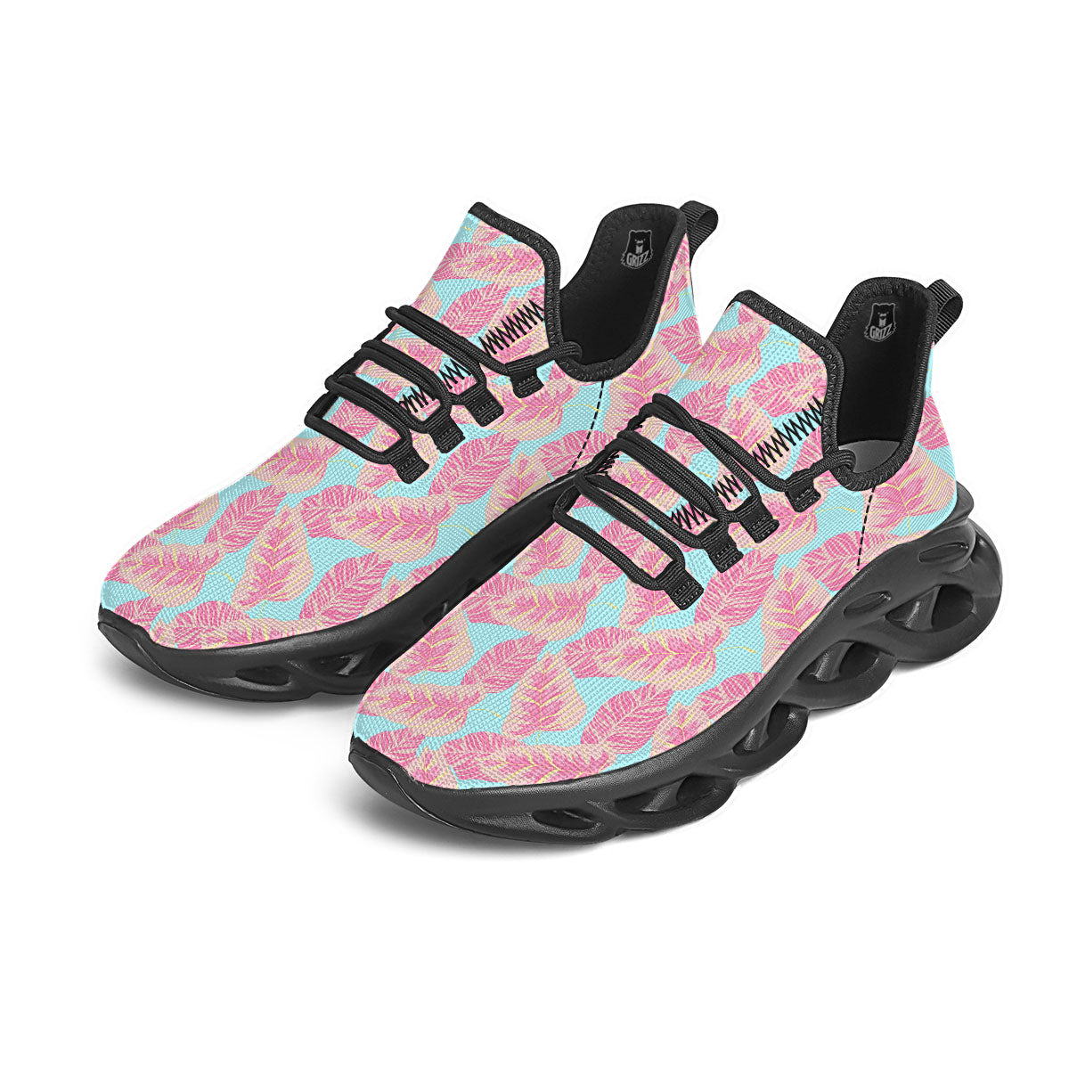 Tropical Leaf Pink And Teal Print Pattern Black Running Shoes-grizzshop