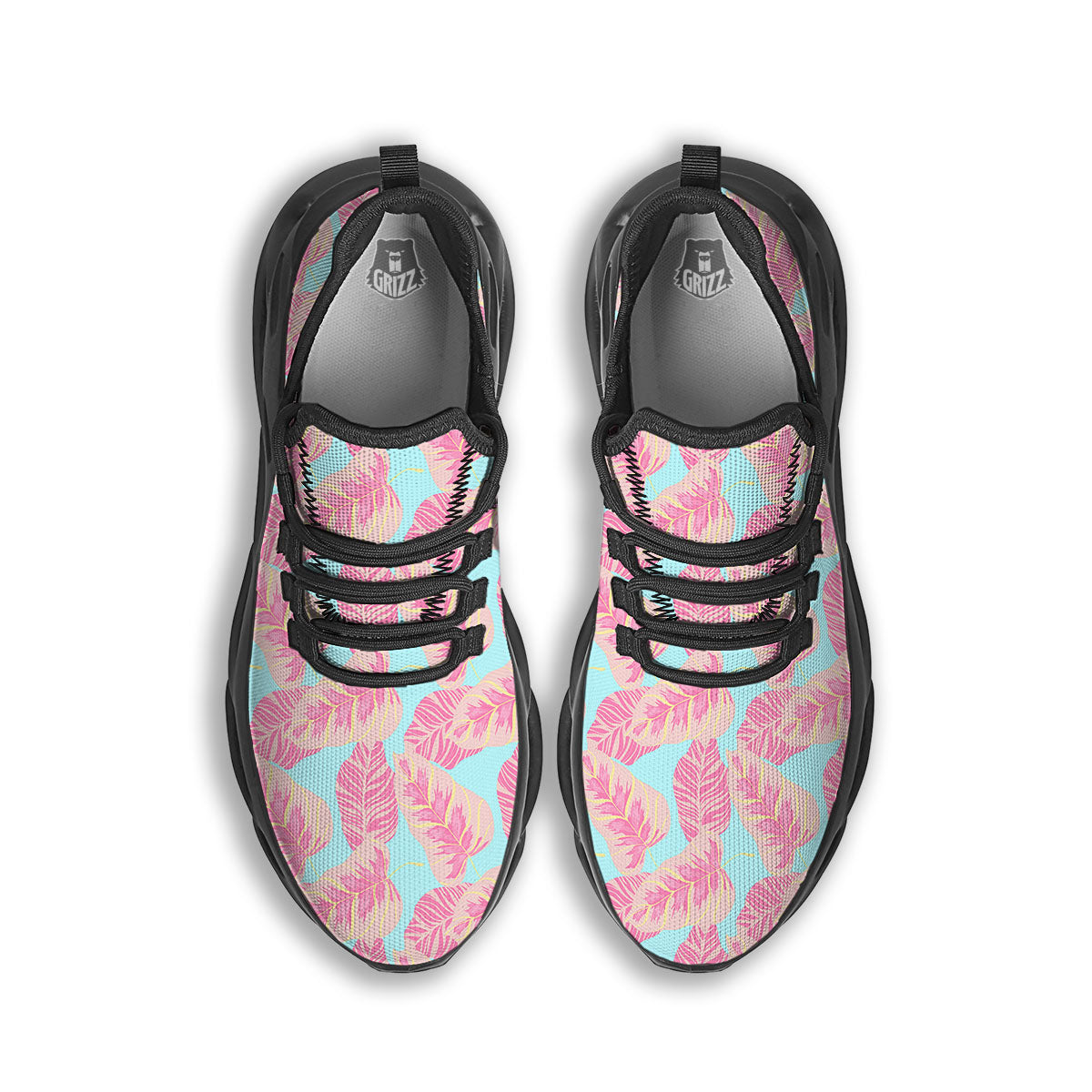 Tropical Leaf Pink And Teal Print Pattern Black Running Shoes-grizzshop
