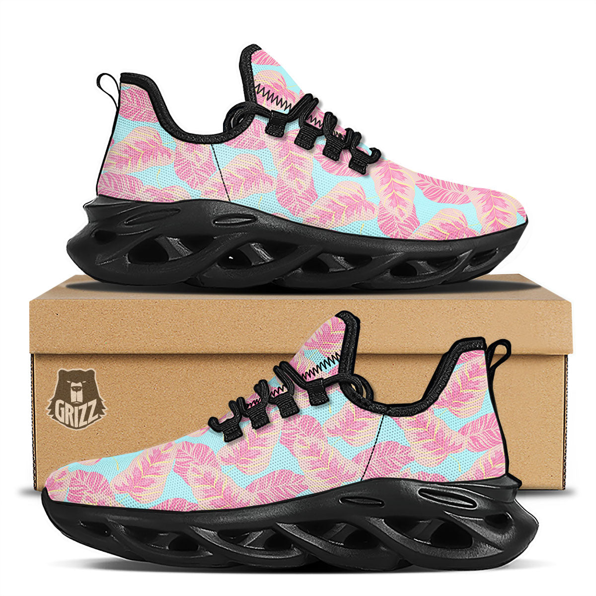 Tropical Leaf Pink And Teal Print Pattern Black Running Shoes-grizzshop