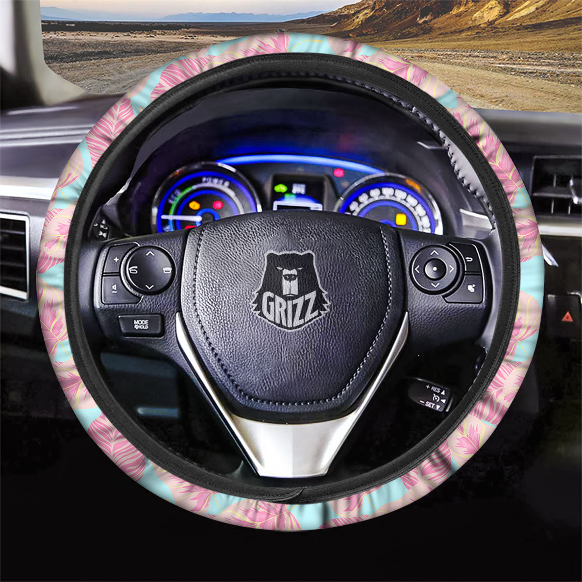 Tropical Leaf Pink And Teal Print Pattern Car Steering Wheel Cover-grizzshop