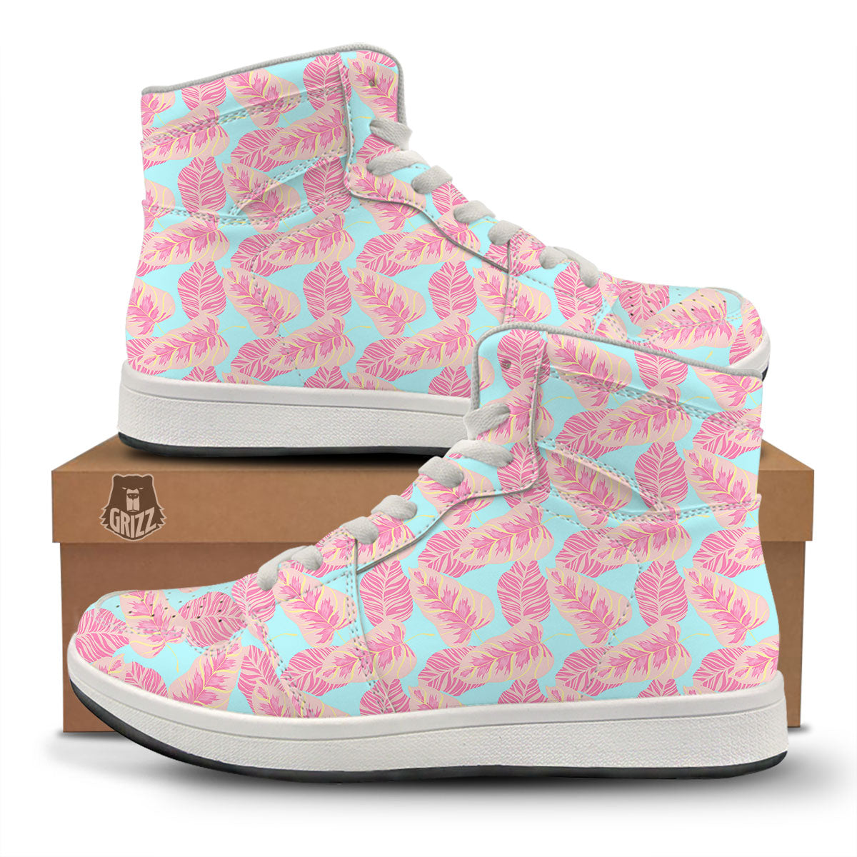 Tropical Leaf Pink And Teal Print Pattern High Top Sneakers-grizzshop