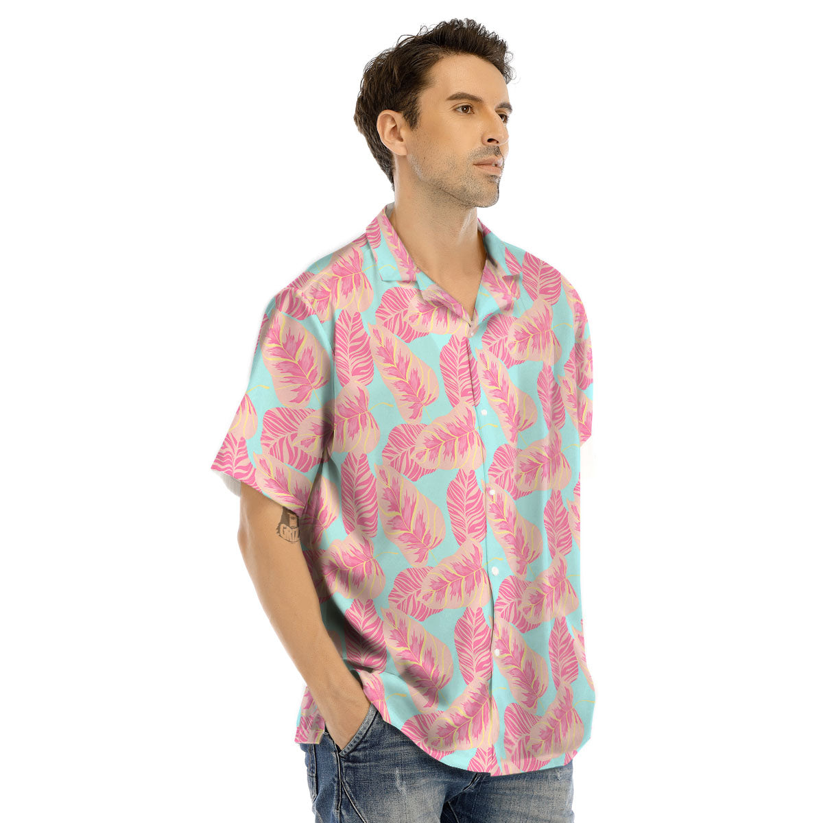 Tropical Leaf Pink And Teal Print Pattern Men's Hawaiian Shirt-grizzshop