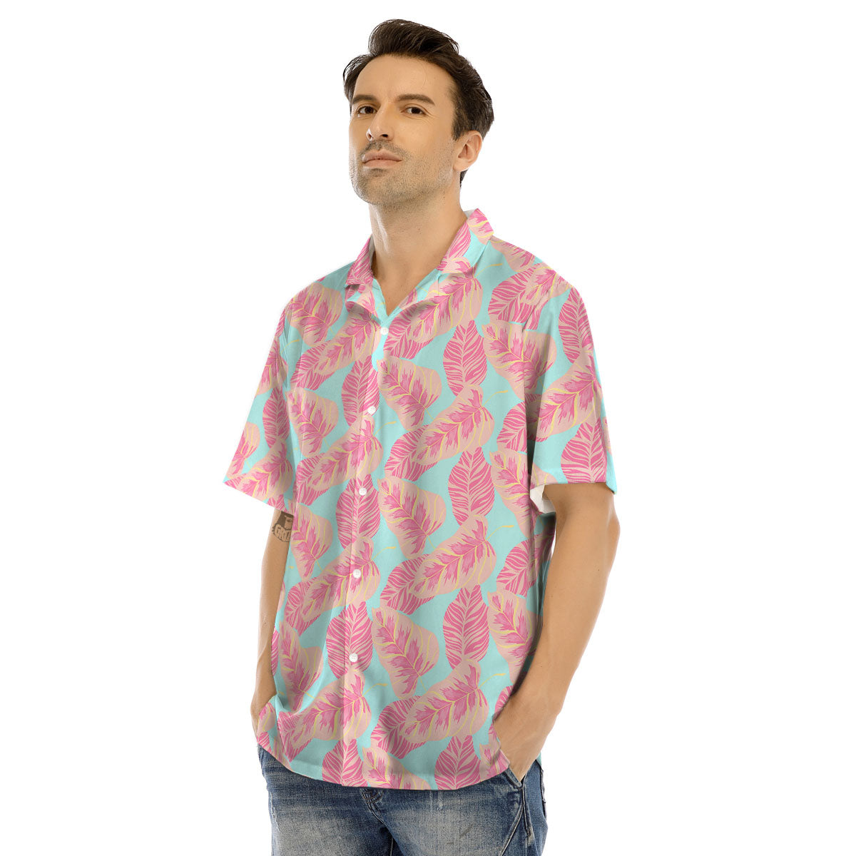 Tropical Leaf Pink And Teal Print Pattern Men's Hawaiian Shirt-grizzshop