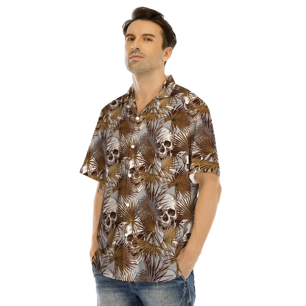 Tropical Leaf Skull Men’s Hawaiian Shirt-grizzshop