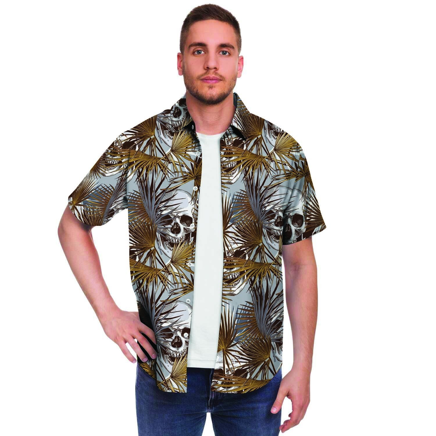 Tropical Leaf Skull Men's Short Sleeve Shirt-grizzshop