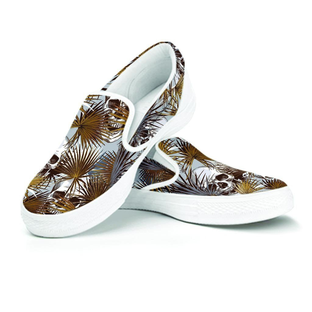 Tropical Leaf Skull Women's Slip On Sneakers-grizzshop