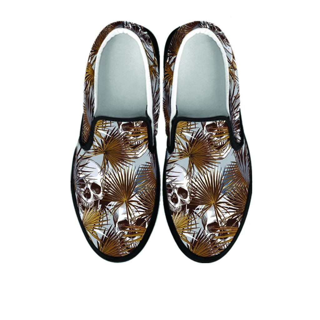 Tropical Leaf Skull Women's Slip On Sneakers-grizzshop