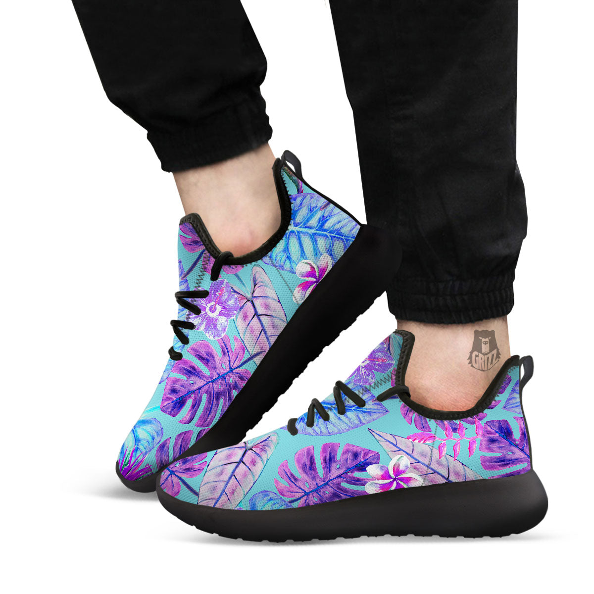 Tropical Leaf Teal And Purple Print Black Athletic Shoes-grizzshop
