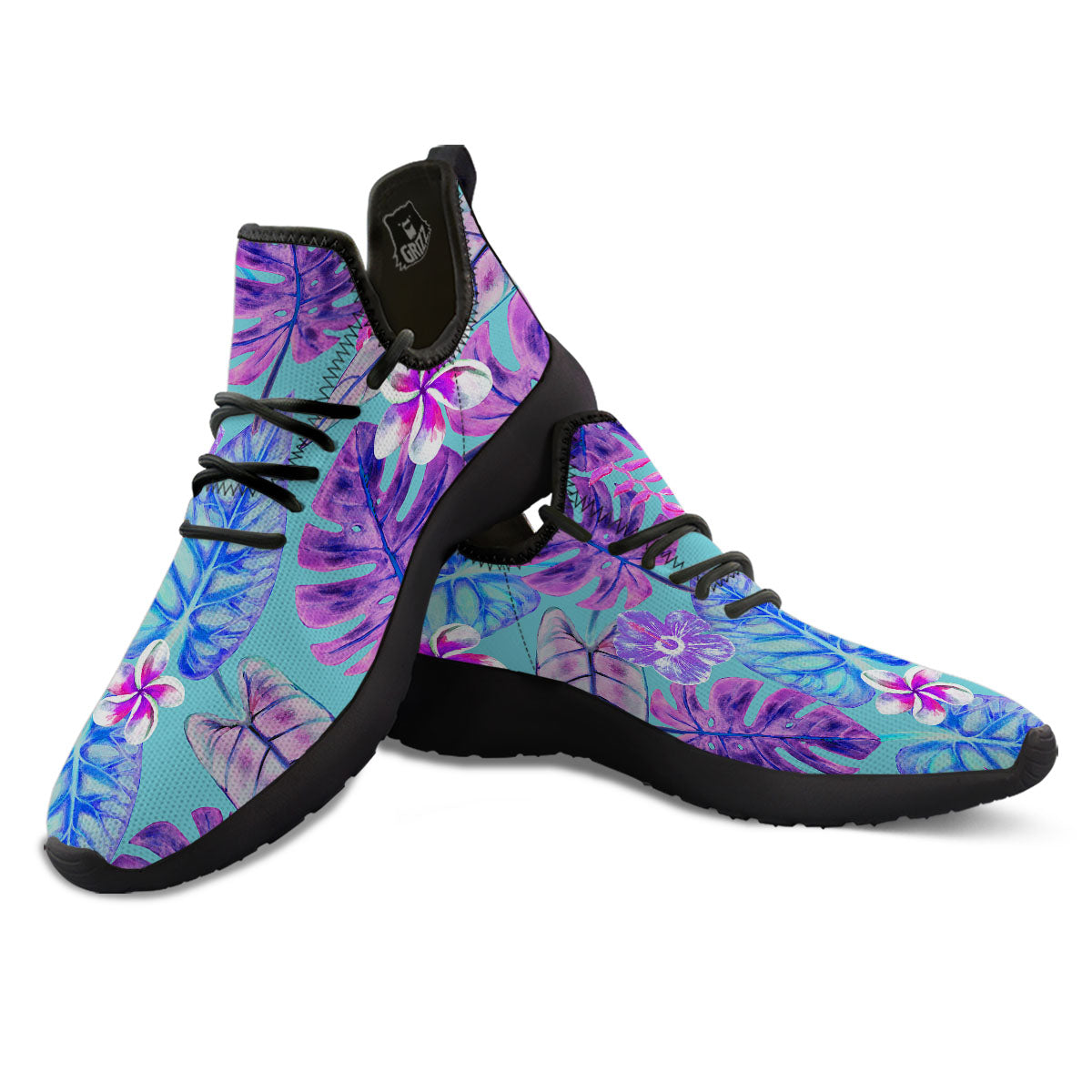 Tropical Leaf Teal And Purple Print Black Athletic Shoes-grizzshop