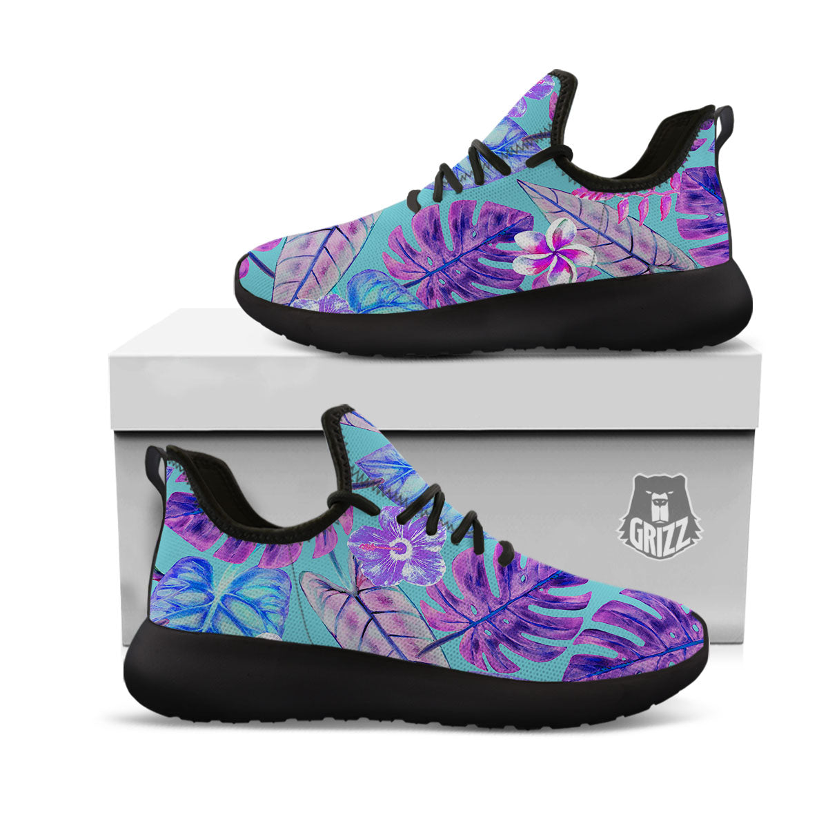 Tropical Leaf Teal And Purple Print Black Athletic Shoes-grizzshop
