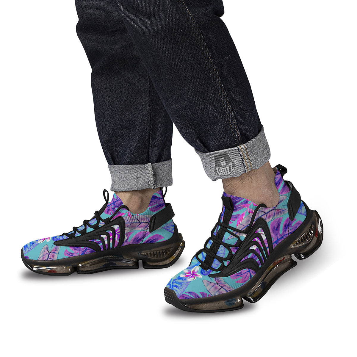 Tropical Leaf Teal And Purple Print Black Gym Shoes-grizzshop
