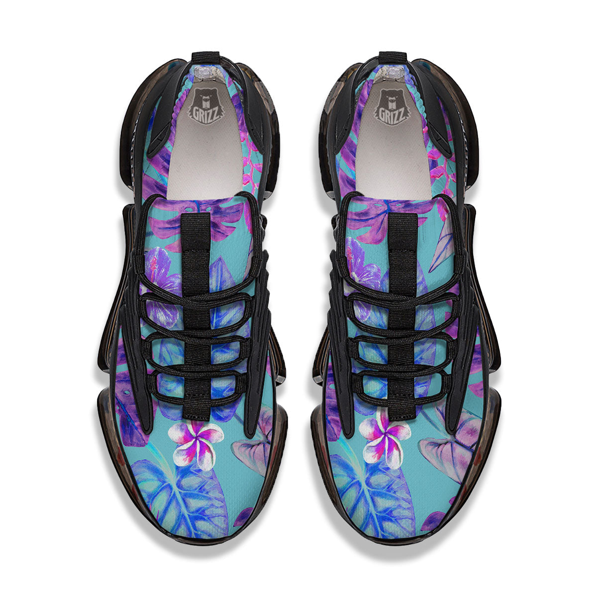 Tropical Leaf Teal And Purple Print Black Gym Shoes-grizzshop