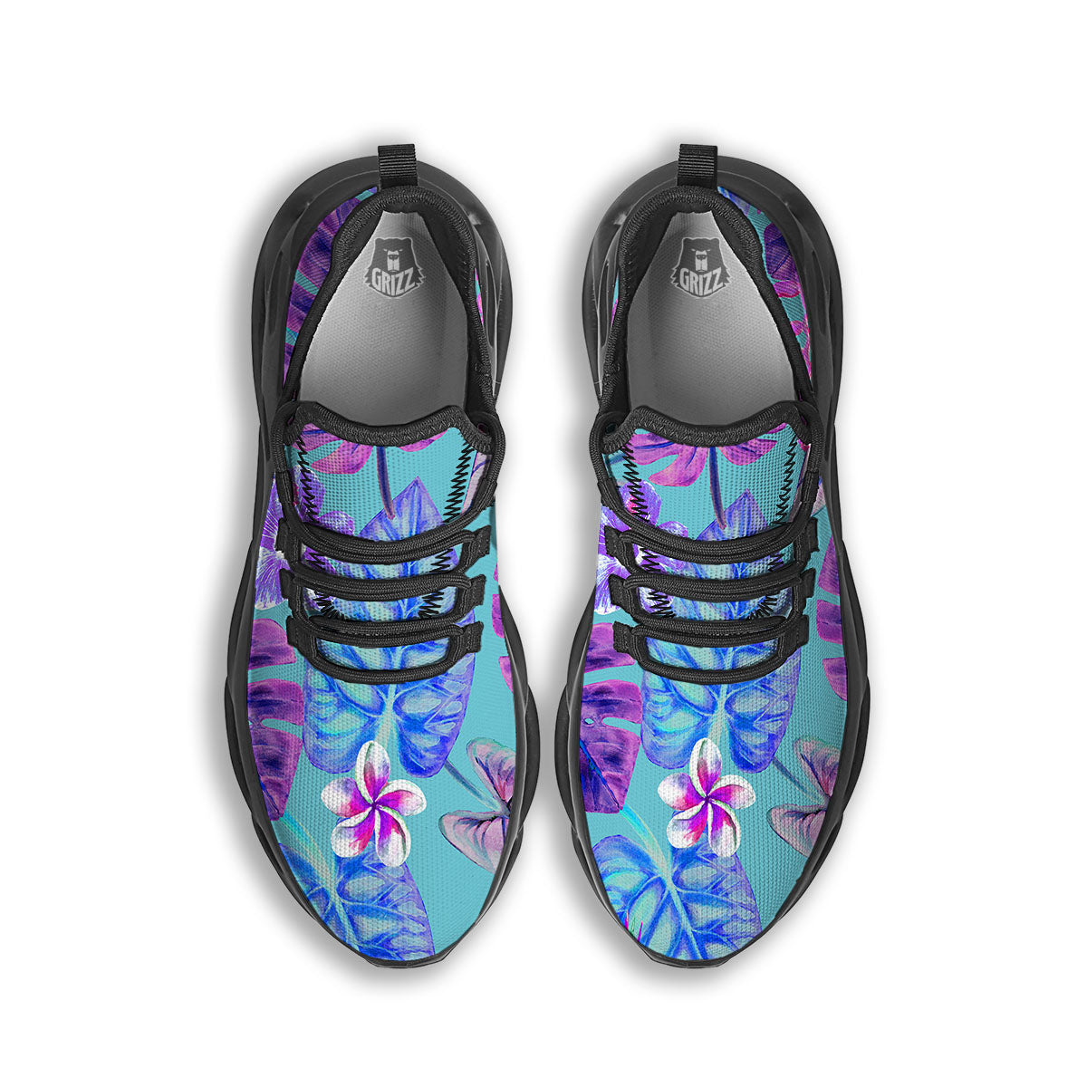 Tropical Leaf Teal And Purple Print Black Running Shoes-grizzshop