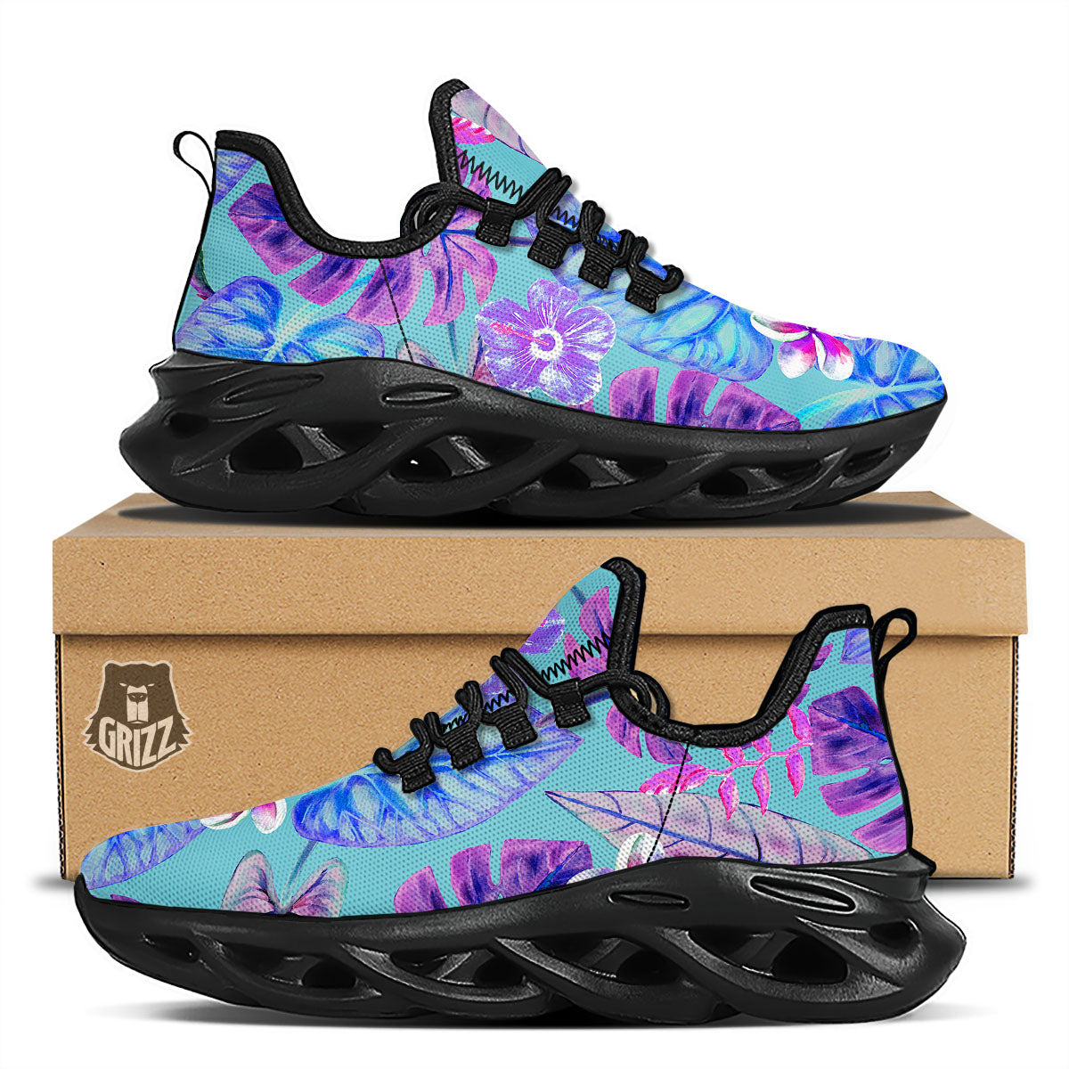 Tropical Leaf Teal And Purple Print Black Running Shoes-grizzshop