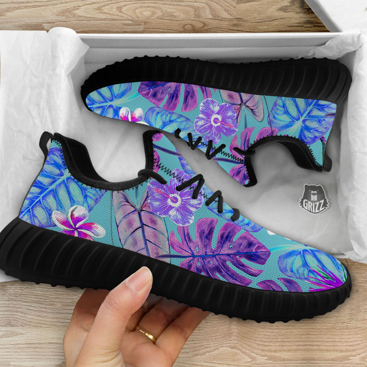 Tropical Leaf Teal And Purple Print Black Walking Shoes-grizzshop