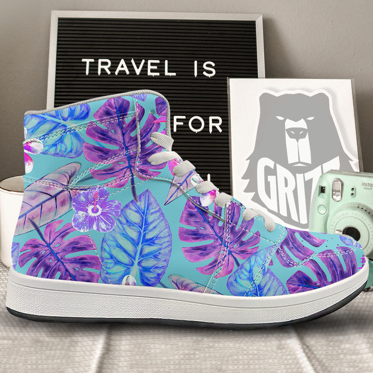 Tropical Leaf Teal And Purple Print High Top Sneakers-grizzshop
