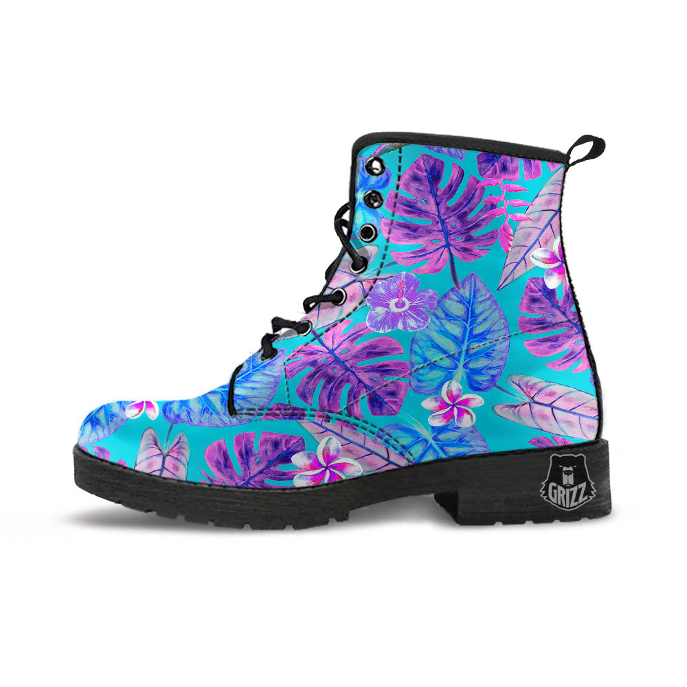 Tropical Leaf Teal And Purple Print Leather Boots-grizzshop