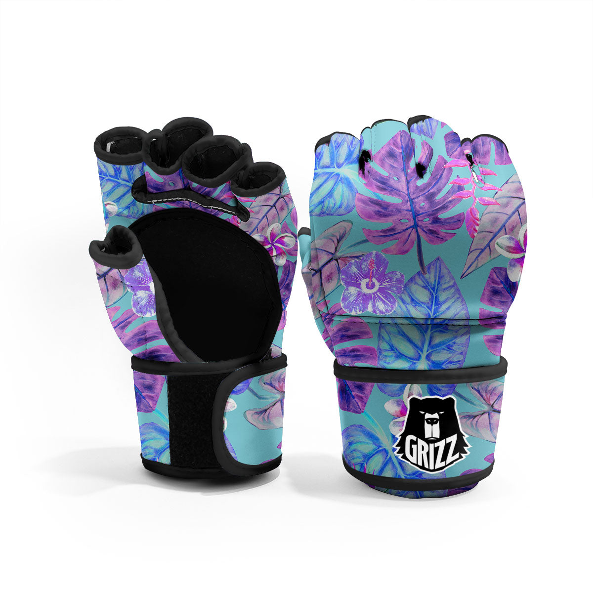 Tropical Leaf Teal And Purple Print MMA Gloves-grizzshop