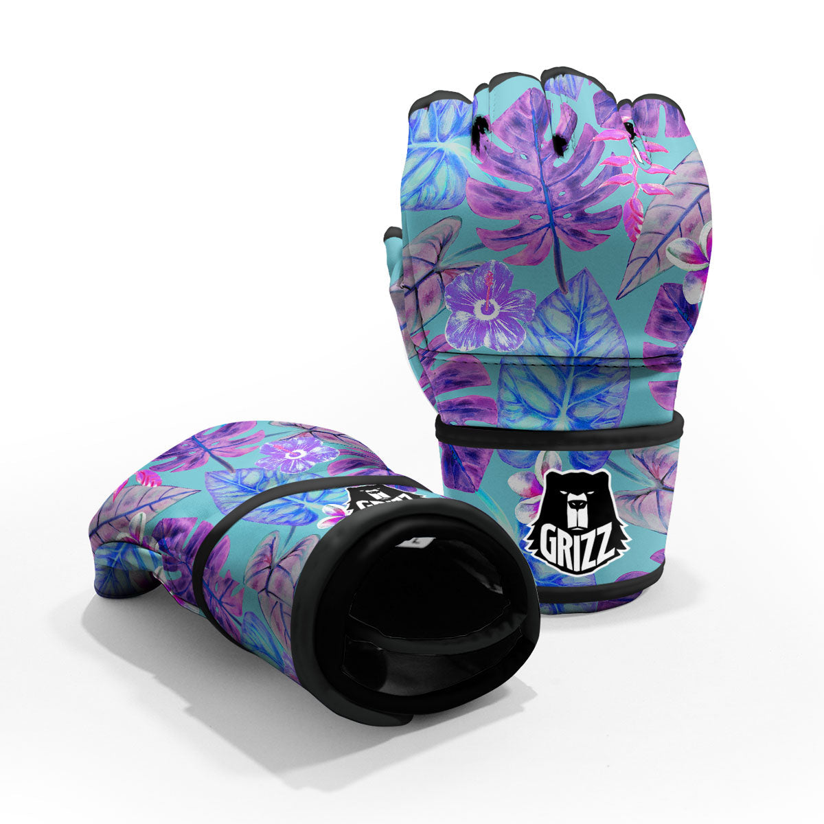 Tropical Leaf Teal And Purple Print MMA Gloves-grizzshop