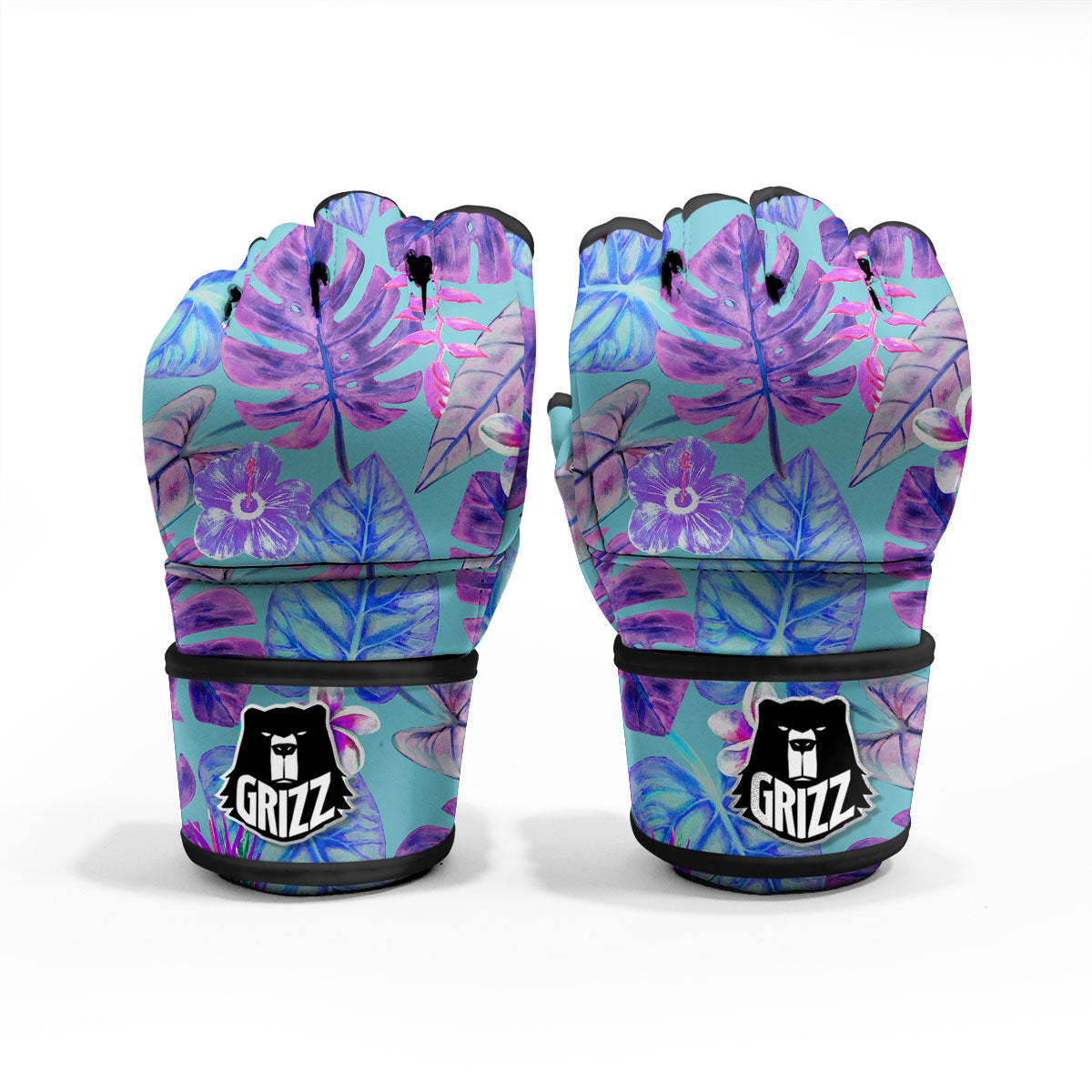 Tropical Leaf Teal And Purple Print MMA Gloves-grizzshop