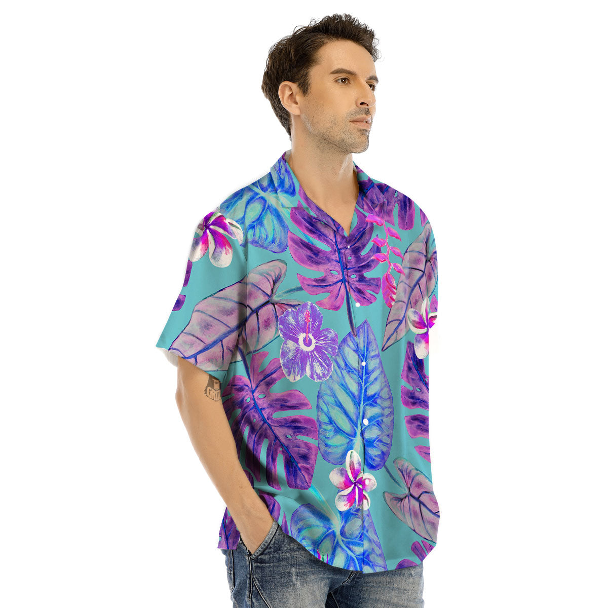 Tropical Leaf Teal And Purple Print Men's Hawaiian Shirt-grizzshop