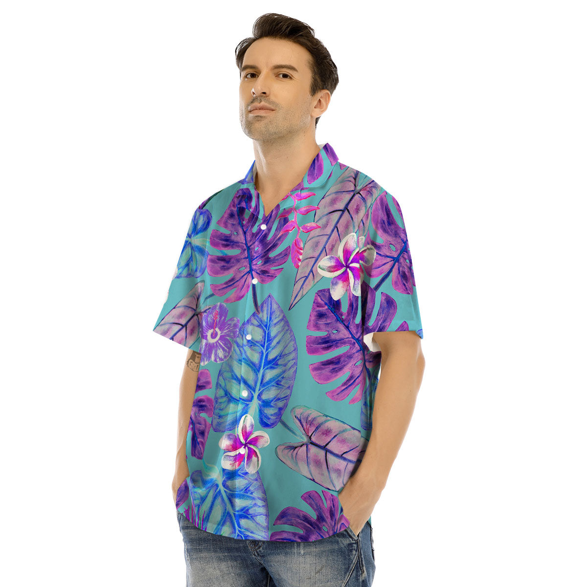 Tropical Leaf Teal And Purple Print Men's Hawaiian Shirt-grizzshop