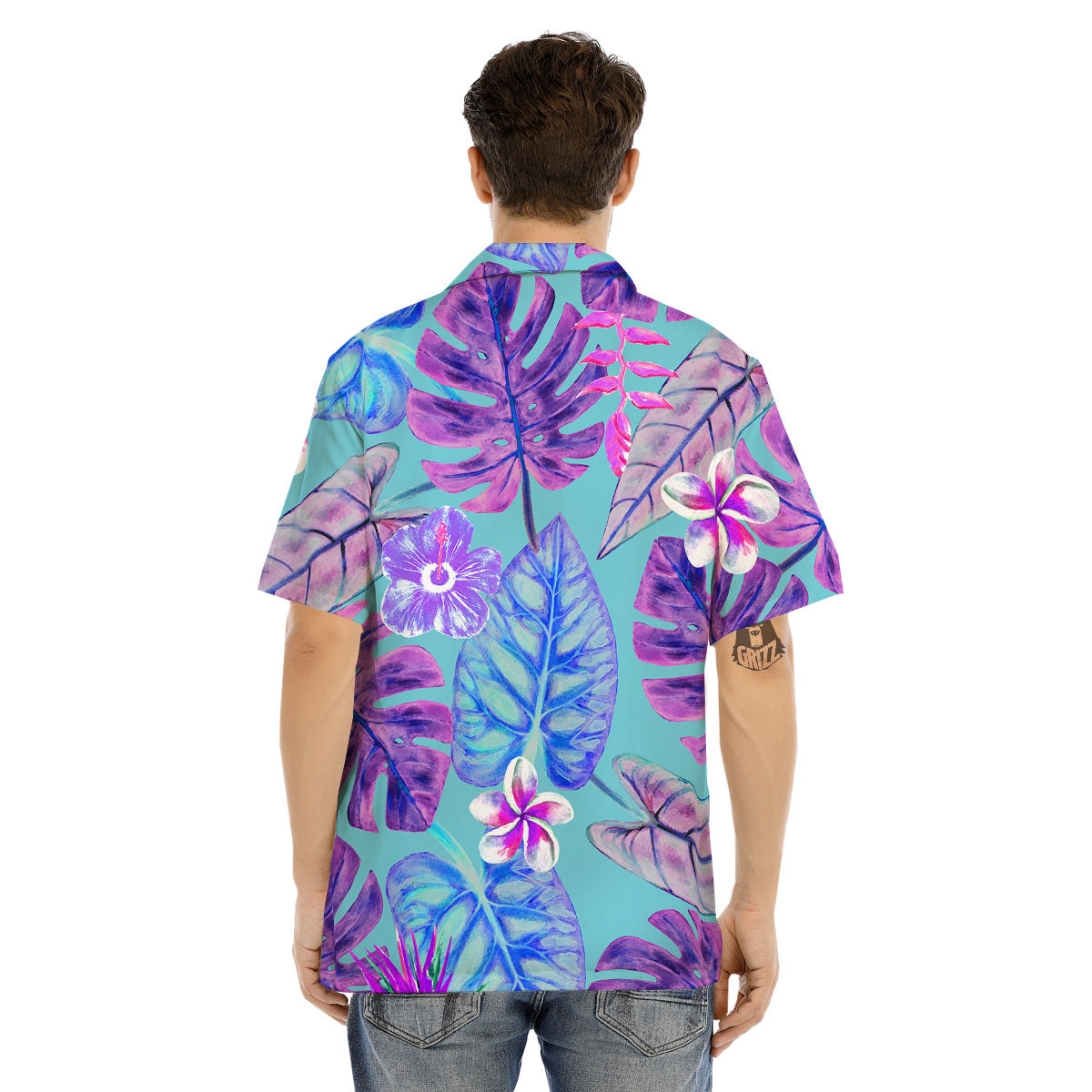 Tropical Leaf Teal And Purple Print Men's Hawaiian Shirt-grizzshop