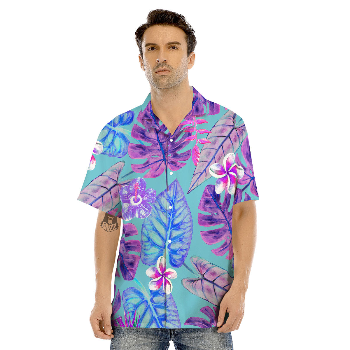 Tropical Leaf Teal And Purple Print Men's Hawaiian Shirt-grizzshop