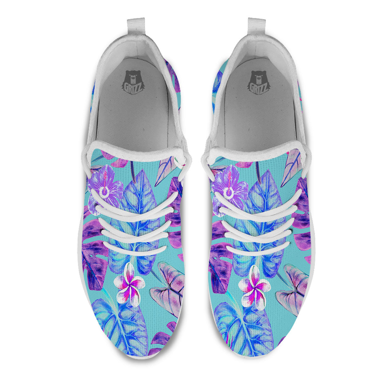 Tropical Leaf Teal And Purple Print White Athletic Shoes-grizzshop