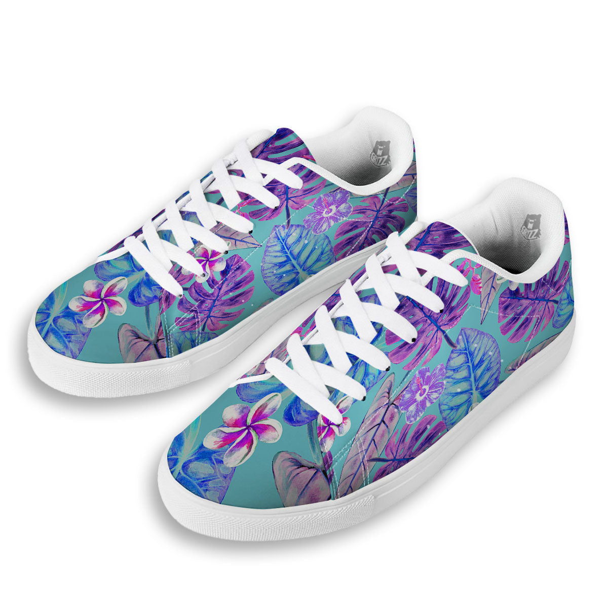 Tropical Leaf Teal And Purple Print White Low Top Sneakers-grizzshop