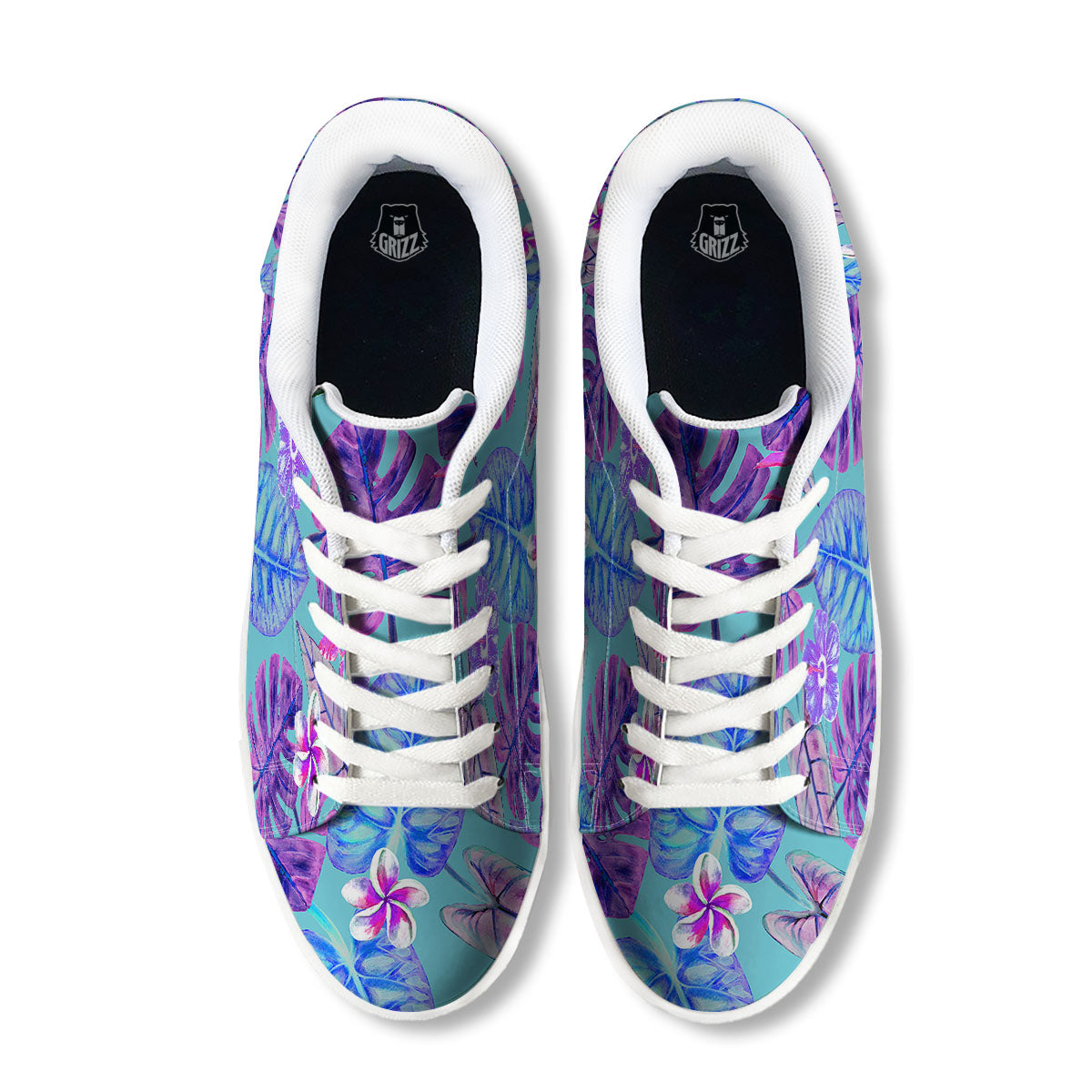Tropical Leaf Teal And Purple Print White Low Top Sneakers-grizzshop