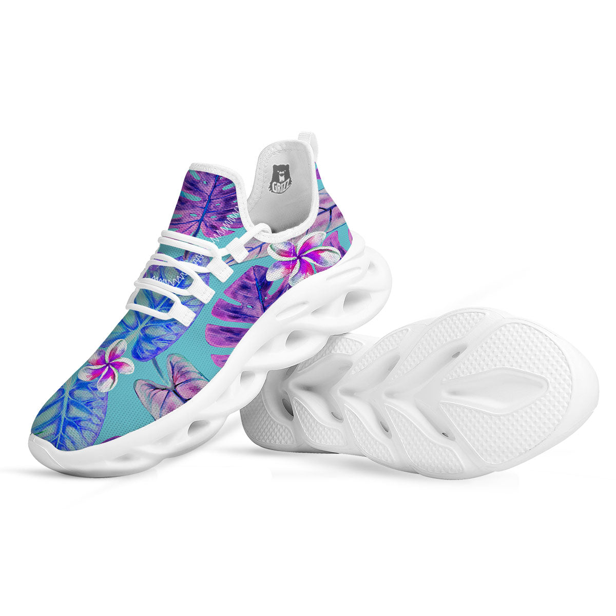 Tropical Leaf Teal And Purple Print White Running Shoes-grizzshop