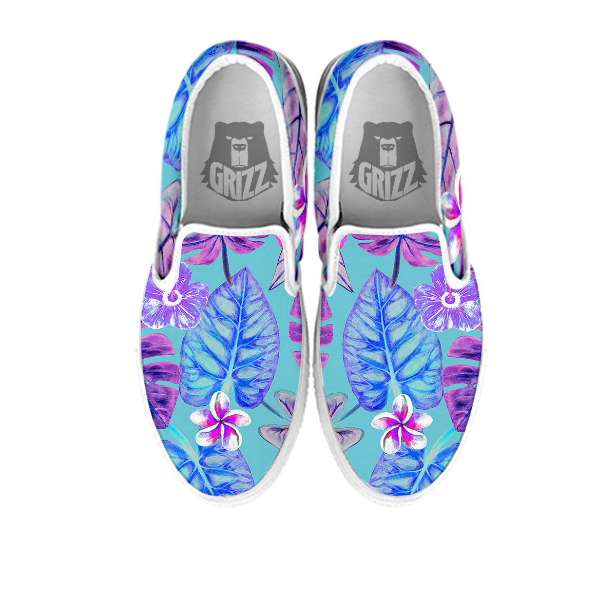 Tropical Leaf Teal And Purple Print White Slip On Shoes-grizzshop
