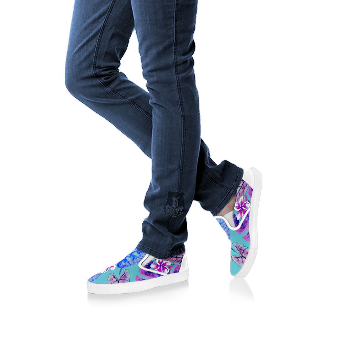 Tropical Leaf Teal And Purple Print White Slip On Shoes-grizzshop