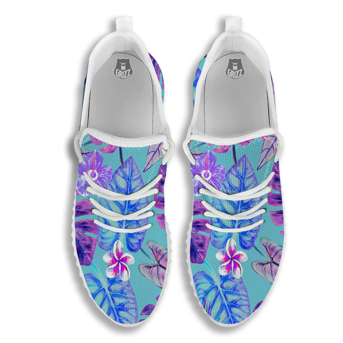 Tropical Leaf Teal And Purple Print White Walking Shoes-grizzshop