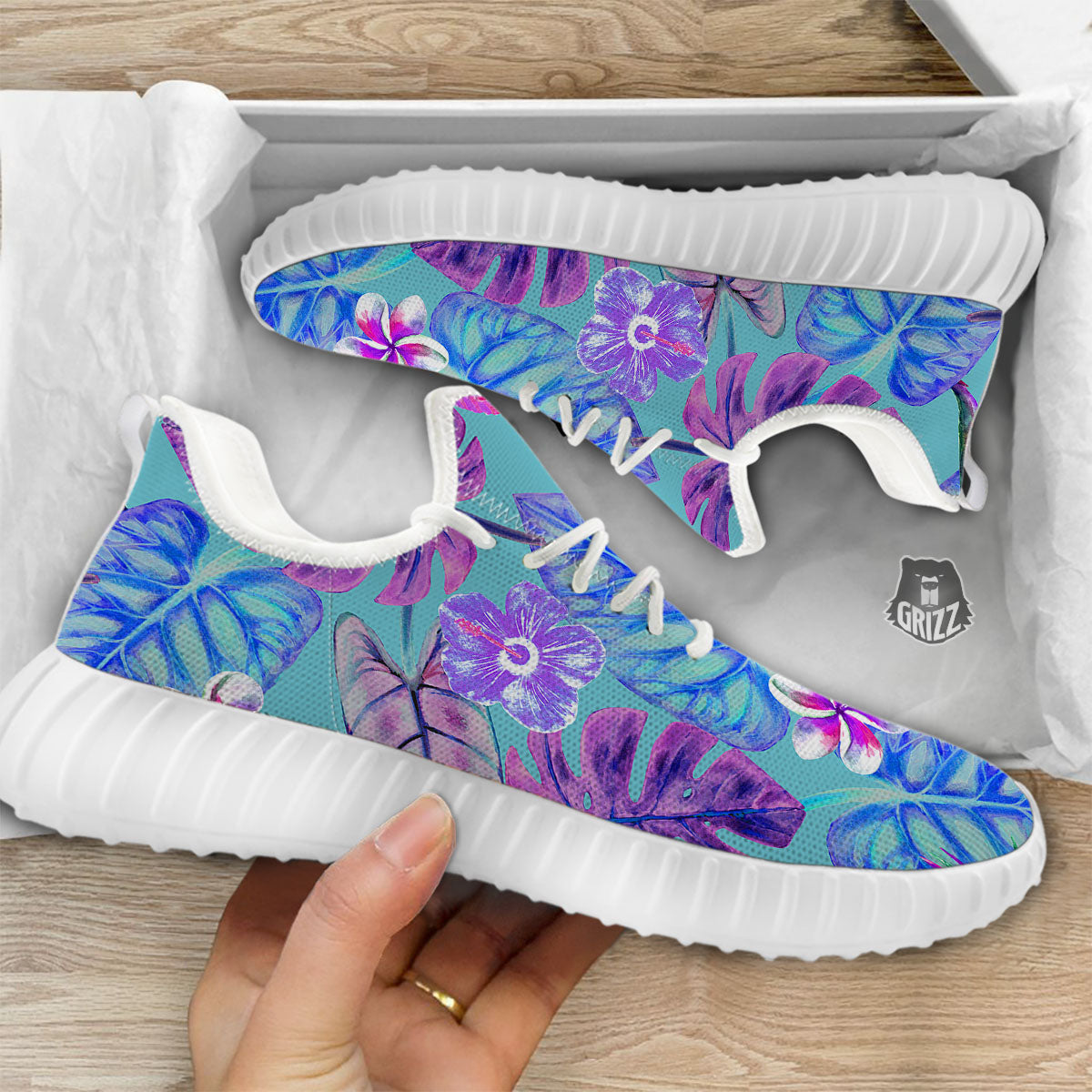 Tropical Leaf Teal And Purple Print White Walking Shoes-grizzshop
