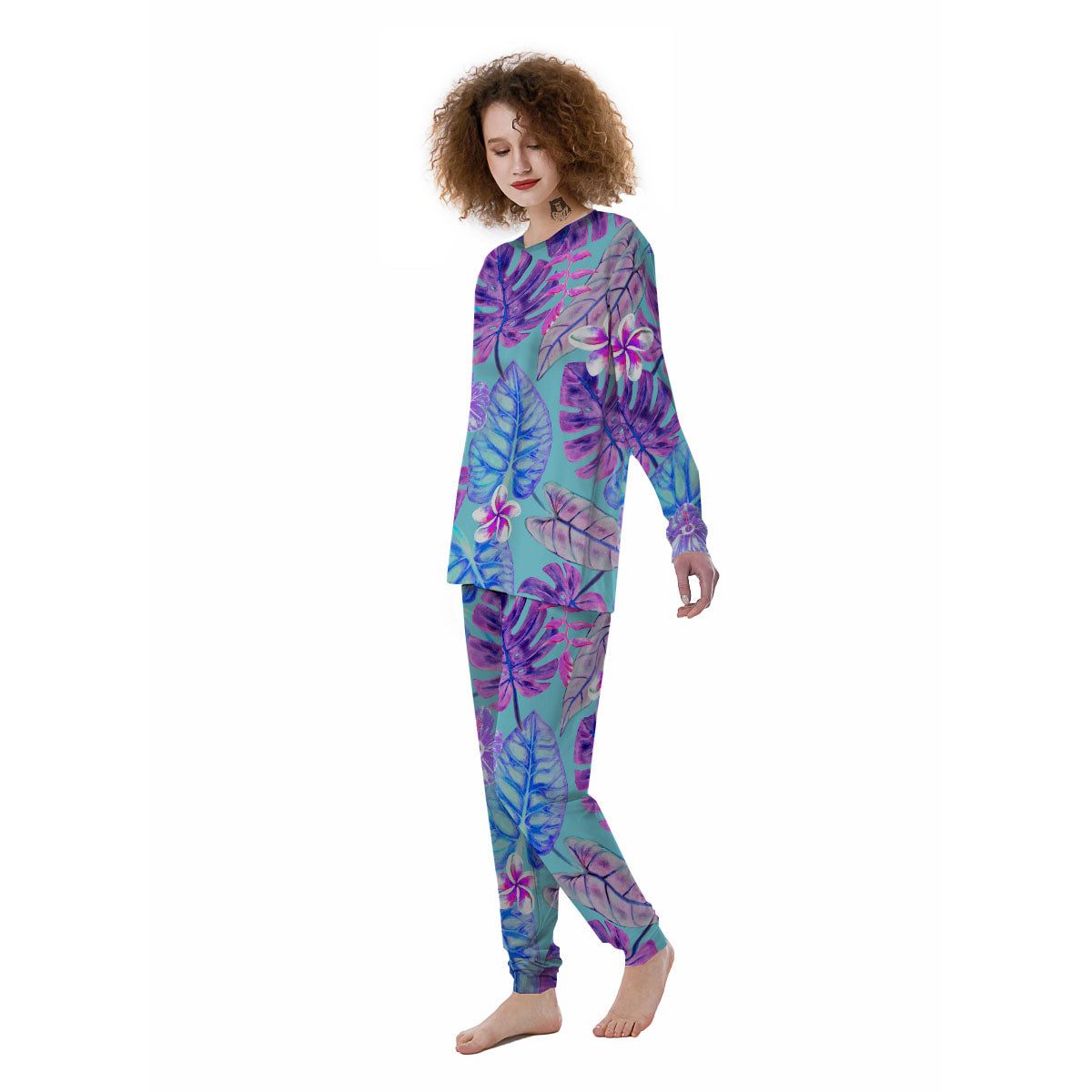 Tropical Leaf Teal And Purple Print Women's Pajamas-grizzshop