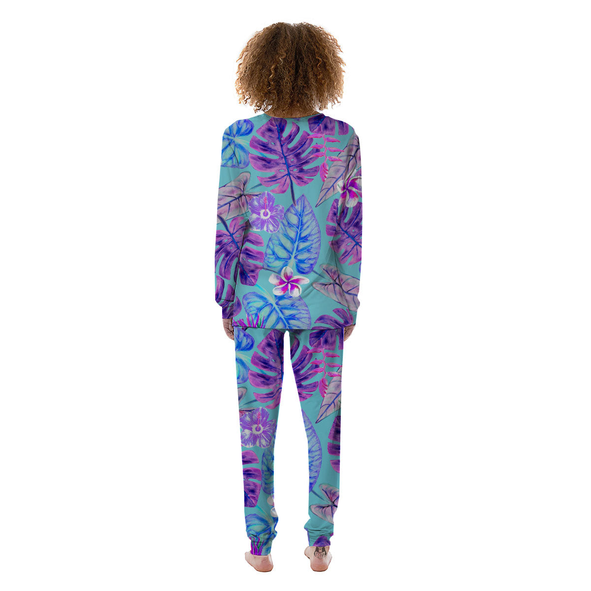 Tropical Leaf Teal And Purple Print Women's Pajamas-grizzshop