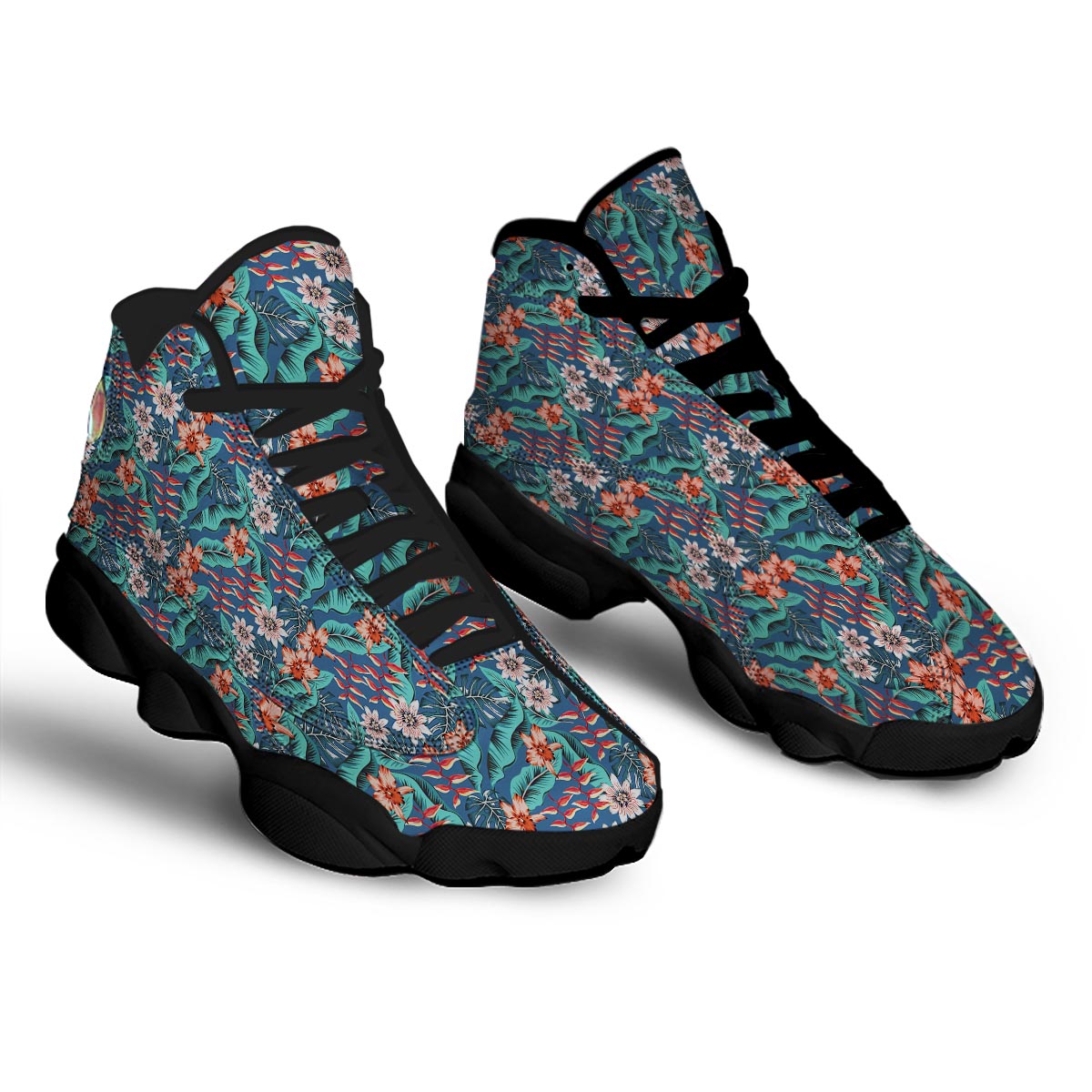 Tropical Leaf Teal Print Pattern Black Basketball Shoes-grizzshop