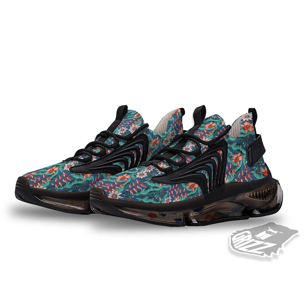 Tropical Leaf Teal Print Pattern Black Gym Shoes-grizzshop