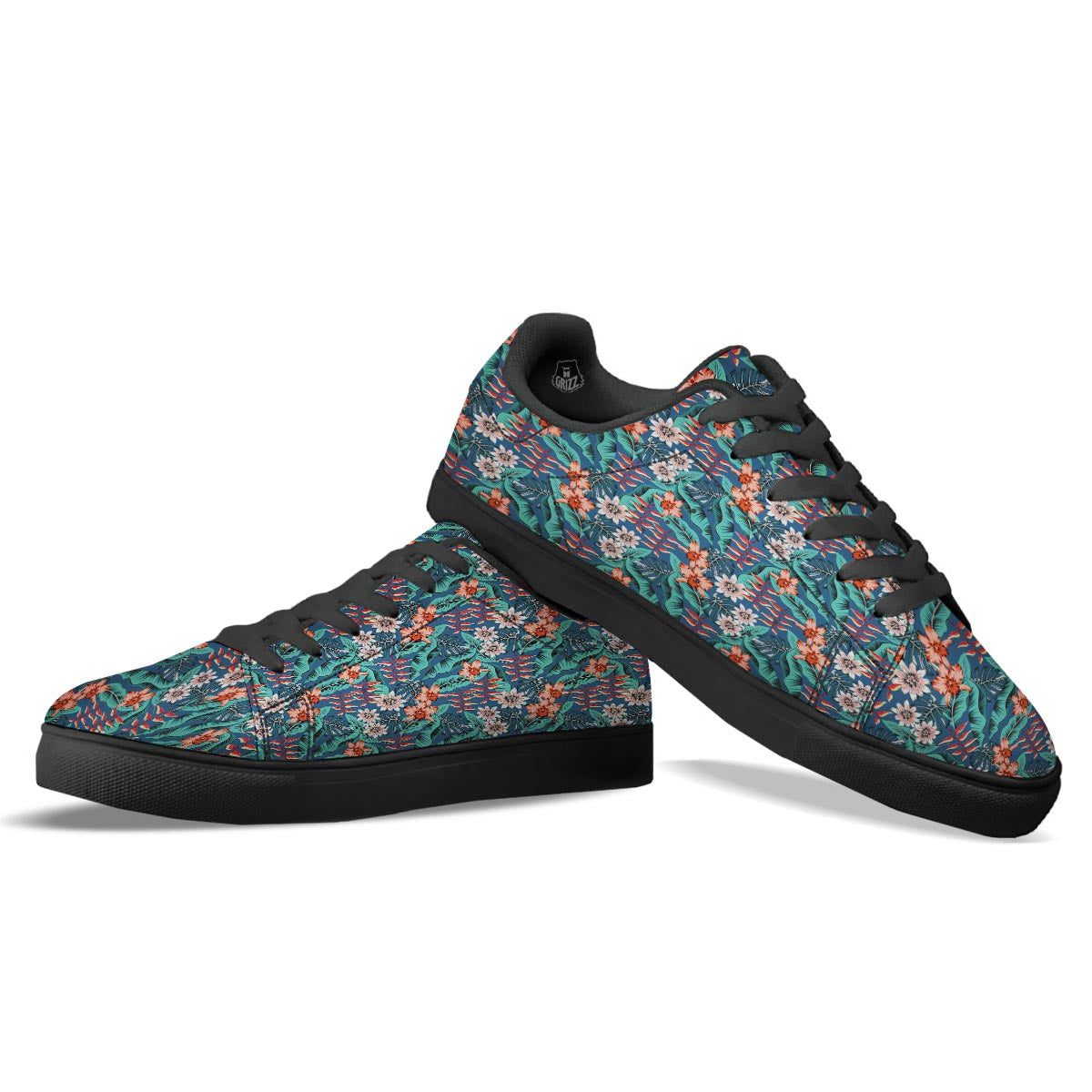 Tropical Leaf Teal Print Pattern Black Low Top Sneakers-grizzshop