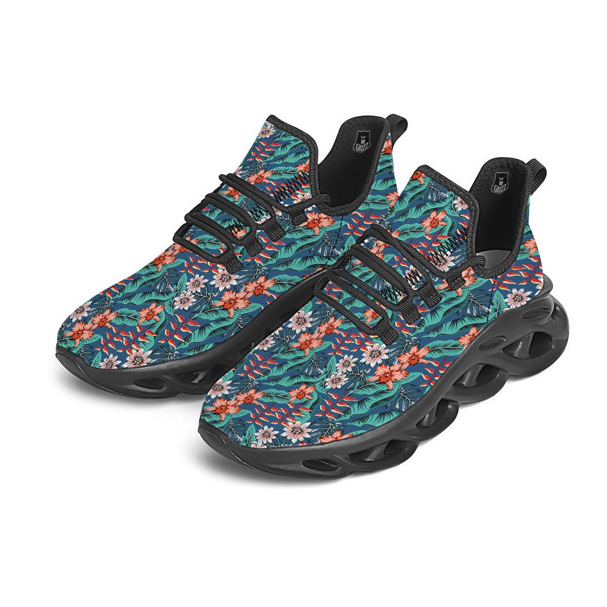 Tropical Leaf Teal Print Pattern Black Running Shoes-grizzshop