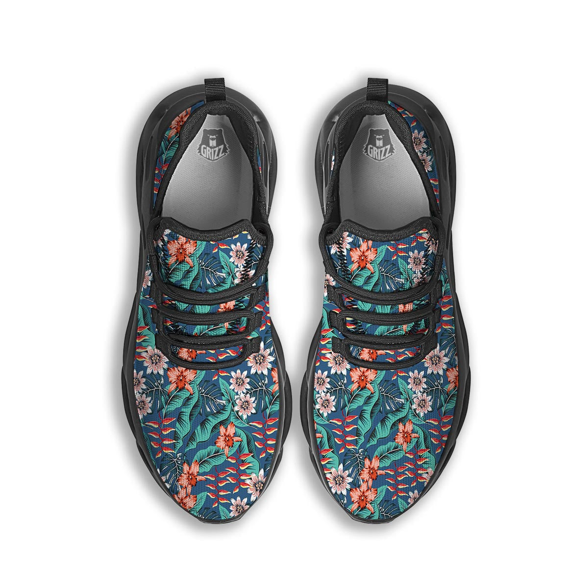Tropical Leaf Teal Print Pattern Black Running Shoes-grizzshop