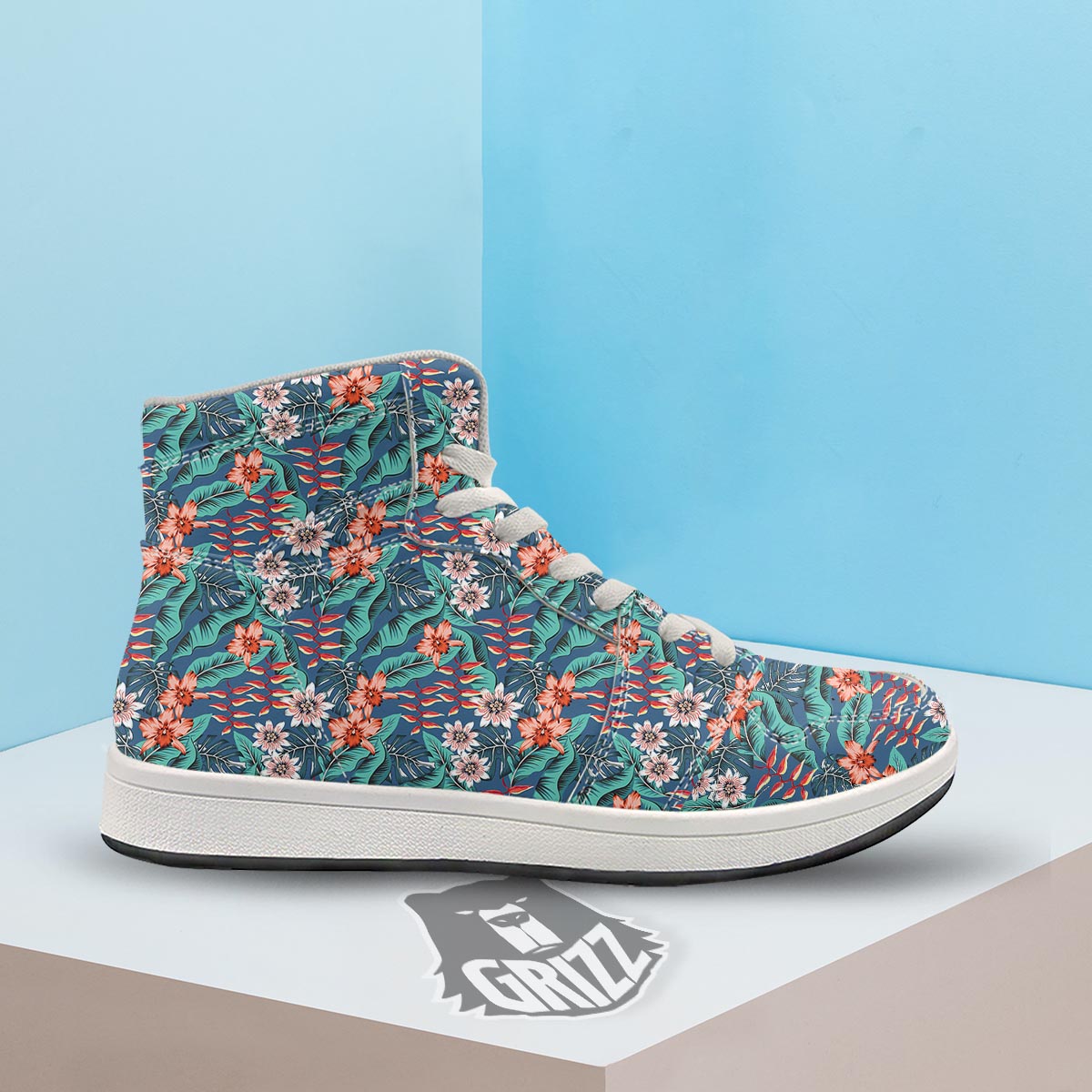 Tropical Leaf Teal Print Pattern High Top Sneakers-grizzshop