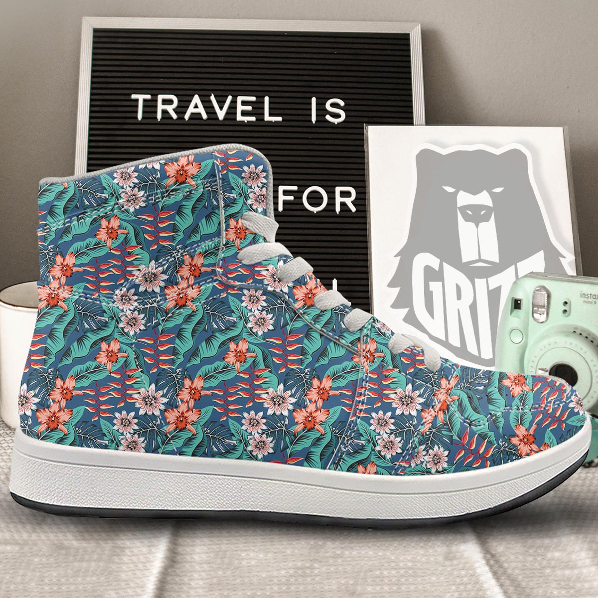 Tropical Leaf Teal Print Pattern High Top Sneakers-grizzshop